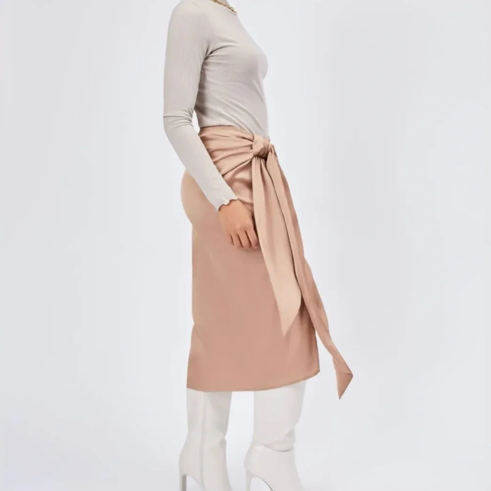 Satin Tie Front Slit Midi Skirt - Khaki - Picture 6 of 8